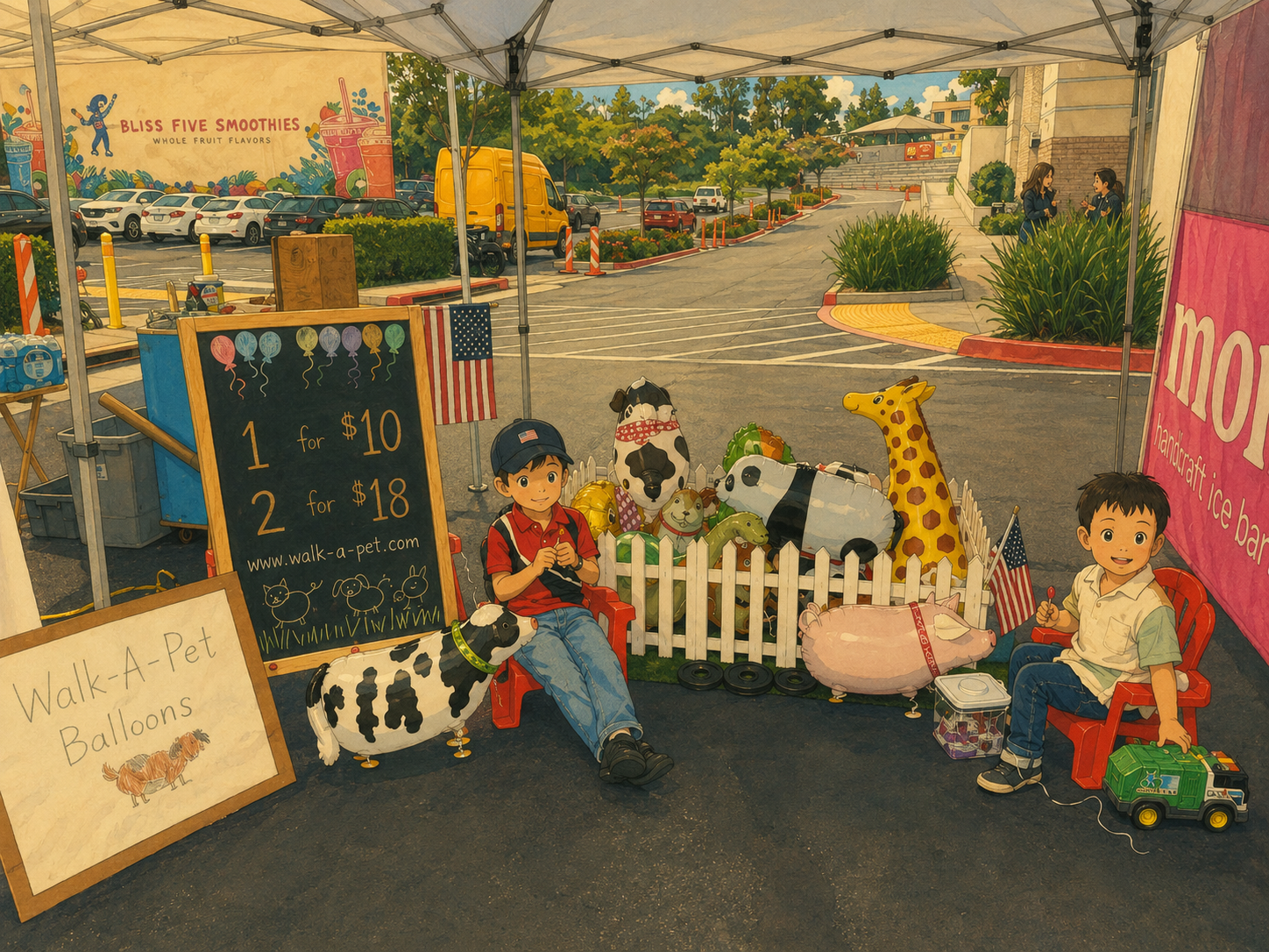 Walk-A-Pet Balloons booth at the farmers market with walking balloon animals